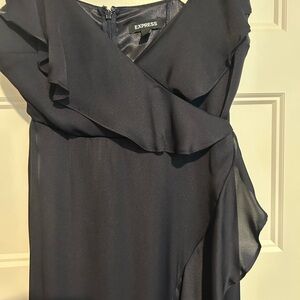 Express Navy Hi-Lo satin ruffle dress
